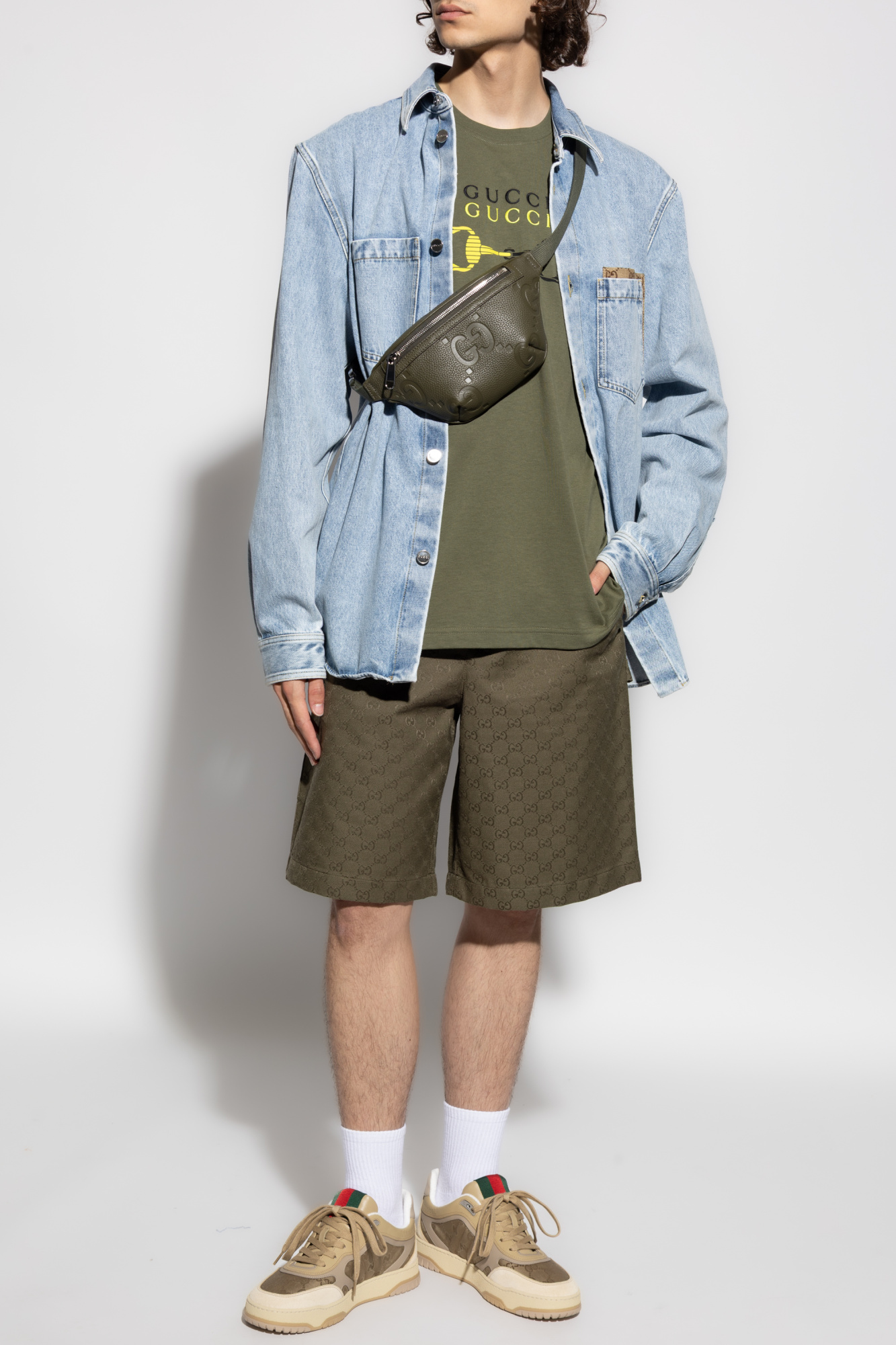 GUCCI シアリングトリムフードジャケット 759525Z8BMV 1174 Embossed GG leather bomber jacket in dark green | GUCCI® US